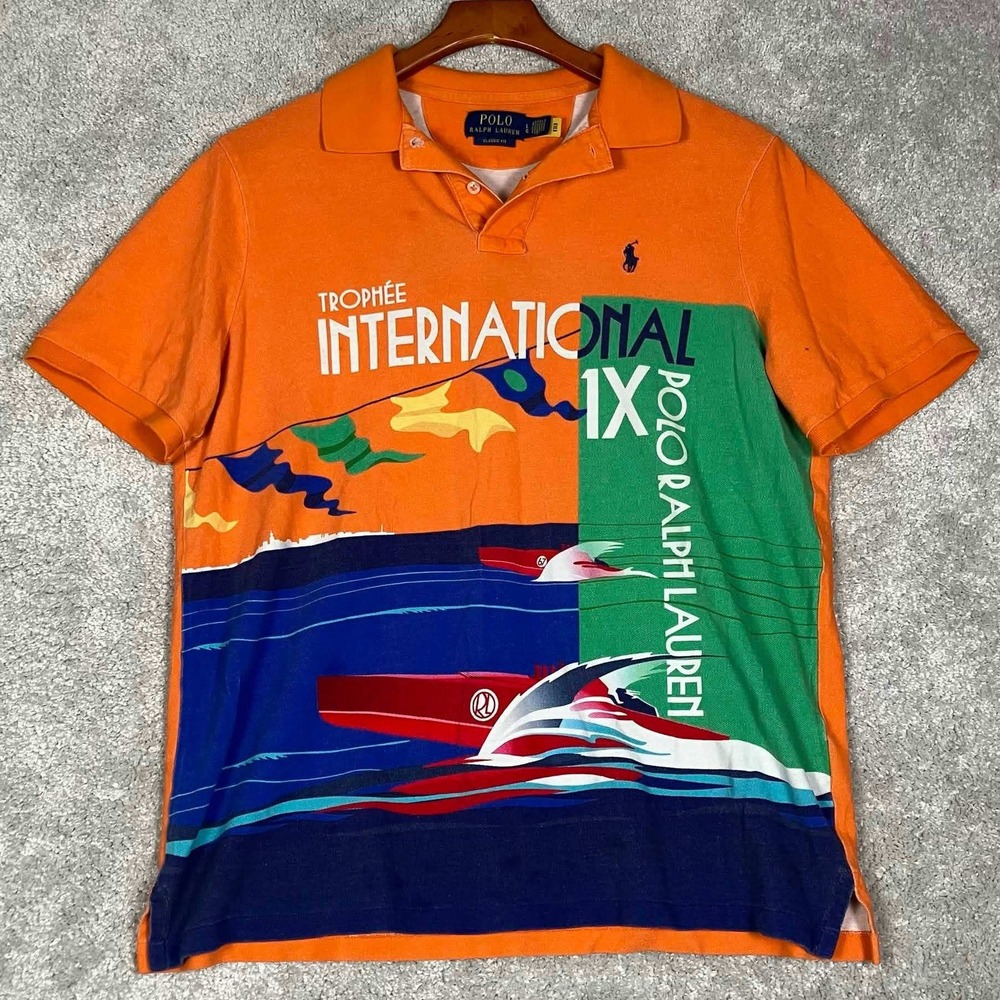Polo Ralph Lauren Polo Shirt Mens Large Orange Trophee International Graphic